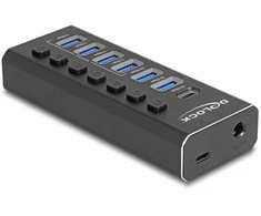 DELOCK 7 Port USB Hub mit 4 Ports 10 Gbps und 4 Schnellladeports 5 Gbps mit Schalter und Beleuchtung