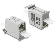 Delock RJ45 jungtis Cat.6A lizdas į lizdą su apsauga nuo dulkių montavimui ant bėgelio ekranuota juoda / balta