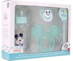 Mickey Mouse - rinkinys kūdikiui (buteliukas su speneliu 240ml, anatominis žindukas, dantukas, dantukų laikiklis) (Cool)