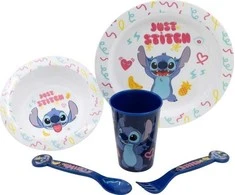 „Disney Stitch“ – 5 dalių mikrobangų krosnelei tinkamų indų rinkinys iš „Palms“ kolekcijos (lėkštė, dubuo, puodelis, šakutė, arbatinis šaukštelis)