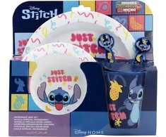 Disney Stitch - 5 dalių mikrobangų krosnelei tinkamas indų rinkinys iš Palms kolekcijos (lėkštė, dubuo, puodelis, šakutė, arbatinis šaukštelis)