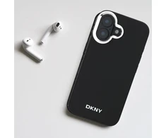 DKNY DKHMP16SPSCMCLK Apple iPhone 16 6.1″ juodos spalvos kietas dėklas Plain Sidabrinis Logo MagSafe