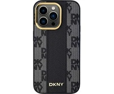 DKNY DKHMP13XPCPVSLK iPhone 13 Pro Max 6,7" juodos spalvos kietas dėklas su languotu monogramos raštu iš odos, su MagSafe