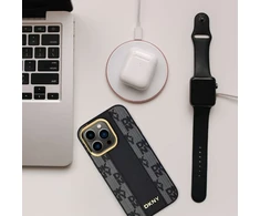 DKNY DKHMP14SPCPVSLK iPhone 14 15 13 6,1" juodos spalvos kietas dėklas Leather Checkered Mono Pattern MagSafe