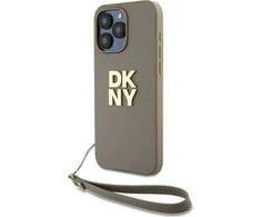 DKNY DKHCP15LPBSWSE Apple iPhone 15 Pro 6.1" smėlio spalvos kietas dėklas su riešo dirželiu ir standartiniu logotipu.