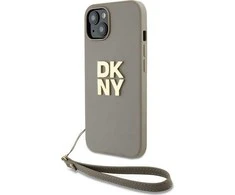 DKNY DKHCP15MPBSWSE Apple iPhone 15 Plus 6.7" smėlio spalvos kietas dėklas su riešo dirželiu ir standartiniu logotipu.