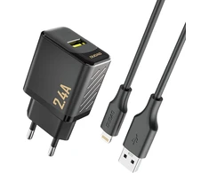 Dudao A23LEU 2.4A GaN EU USB-A sieninis įkroviklis su USB-A į Lightning kabeliu - Juodas