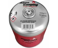 Inko Time Kartusz „Alpen Camping“ 450 g dujų balionėlis. Sertifikatas: Pi 0437, atitinka EN417 standartą, propanas-butanas, temperatūros diapazonas nuo -10 °C iki + 40 °C, srieginis vožtuvas 7/