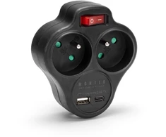Dvigubas tinklo skirstytuvas su jungikliu + USB-A + USB-C MONTIS MT144-BK juodas