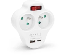 Dvigubas tinklo skirstytuvas su jungikliu + USB-A + USB-C MONTIS MT144-WH baltas