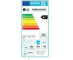 Džiovyklė Drabužių džiovintuvas LG Dryer Machine RH80V3AV6N Energijos efektyvumo klasė A++, Krovimas iš priekio, 8kg, LED jutiklinis ekranas, Gylis 69 cm, Wi-Fi, Baltas