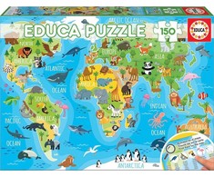 Educa - 150 detalių - Pasaulio žemėlapio gyvūnų dėlionė (018115)