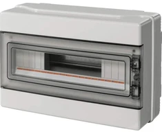 Elettrocanali EC62018E Modulinis skirstomasis skydas 1x18 n/t, be halogenų, transp. durys, IP65, N+PE bėgis, pilka 1000V AC 1500V DC PV UV 290x390x140, EC62018E.