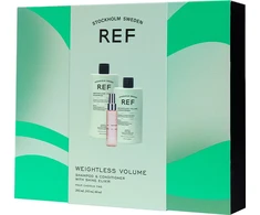 Ref Stockholm Dovanų dėžutės rinkinys REF: „Weightless Volume“ sulfatų neturintis plaukų šampūnas, suteikiantis tekstūrą ir apimtis, 285 ml + „Weightless Volume“ sulfatų neturintis plaukų kondicionierius, suteikiantis apimties ir glotnumo, 245 ml + „Eliksyras“ plaukų serumas, suteikiantis švelnumo, 80 ml