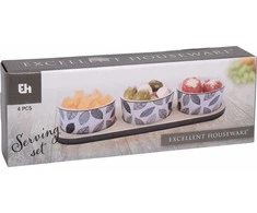 Excellent Houseware Užkandžių serviravimo rinkinys: padėklas ir 3 porcelianiniai indai, Ø 10 cm