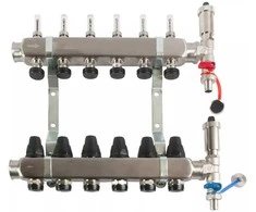 Ferro 15 krypčių nerūdijančio plieno INOX kolektorius su srauto matuokliais, termostatiniais vožtuvais, išleidimo vožtuvais ir automatiniais oro išleidimo angomis