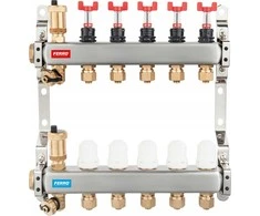 Ferro Nerūdijančio plieno kolektorius 1 2 krypčių su termostatiniais vožtuvais, srauto matuokliais, automatinėmis oro išleidimo angomis, išleidimo vožtuvais, 3/4 nipeliais