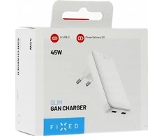 FIXED Slim 2xUSB-C laidinis įkroviklis GaN, PD, 45W, baltos spalvos