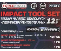 Forcekraft 1/2" smūginių įrankių rinkinys, 12 dalių (12 kampų) (10–24 mm)