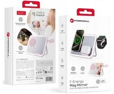 Forcell F-ENERGY Mag Mirror 3 in 1 15W belaidis įkroviklis, suderinamas su „MagSafe“ / „Apple Watch“ / „Samsung Watch“ / „Airpods“, rožinis