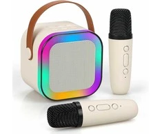Extralink Kids Mini karaoke LED garsiakalbis 2x Mic rusvai gelsvas | Karaoke rinkinys | garsiakalbis, 2x mikrofonas, Bluetooth, AUX, atminties kortelės lizdas, RGB apšvietimas