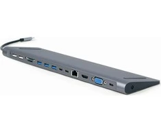 GEMBIRD A-CM-COMBO9-01 USB Type C 9in1 kelių prievadų adapteris USB šakotuvas HDMI VGA PD kortelių skaitytuvas LAN 3.5mm garso erdvė pilkas