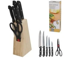 7 peilių rinkinys su žirklėmis ir mediniu stovu (19 cm), 33,5 x 11 x 7,5 cm, KITCHEN&amp;GO