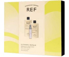 Ref Stockholm Dovanų dėžutės rinkinys REF: „Ultimate Repair“ sulfatų neturintis plaukų šampūnas atkuria ir stiprina plaukus, 285 ml + „Ultimate Repair“ sulfatų neturintis plaukų kondicionierius drėkinimui, iššukavimui ir blizgesiui, 245 ml + „Eliksyras“ minkštinamasis serumas plaukams, 80 ml