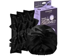 Glov „Sweet Satin Dreams“ rinkinys, kurį sudaro 3 šalto garbanojimo suktukai + 1 dvisluoksnė atlasinė miego kepuraitė, juoda