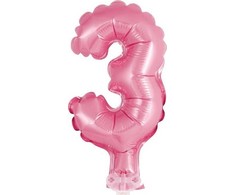 GoDan 13 cm folijos balionas ant pagaliuko „3“ rožinis