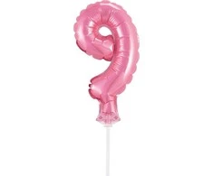 GoDan Balon 13cm foliowy na patyku "9" rožinė