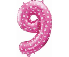 GoDan 9 numerio folijos balionas, rožinis su širdelėmis, 61 cm