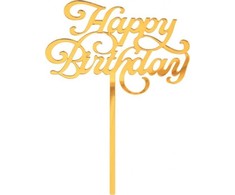 GoDan Dekoracja akrylowa na tort Happy Birthday auksinė
