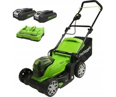 Greenworks Akumuliatorinė vejapjovė 2x24V Akumuliatorinė vejapjovė 41cm G24X2LM41K2x komplektas dvigubas įkroviklis + 2 baterijos 2Ah
