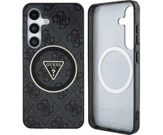 Guess 4G Glitter Triangle Mygtukai MagSafe Samsung Galaxy S25 Plus dėklas telefonui juodos spalvos