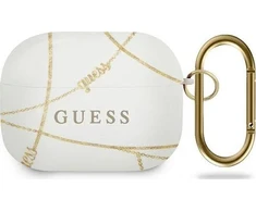Dėklas „Guess GUACAPTPUCHWH AirPods Pro“ ausinės, ausinės su dangteliais ir baltomis „Gold Chain Collection“
