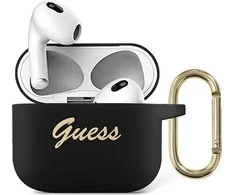 Guess Apsauginis dėklas GUA3SSSK silikoninis Vintage Script, skirtas AirPods 3 juodas