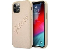 Apple iPhone 12 / 12 Pro Guess dėklas Saffiano Vintage Script (GUHCP12MRSAVSLG) aukso spalvos