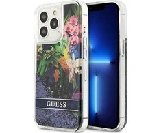 Guess Flower Liquid Glitter dėklas iPhone 13 Pro Max - mėlynas