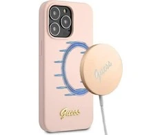 Guess dėklas iPhone 13 Pro / 13 6,1 GUHMP13LLLSLMGLP šviesiai rožinės spalvos kietasis dėklas Silikoninis Script Gold Logo Magsafe
