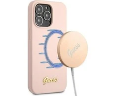 Apple iPhone 13 Pro Max Guess dėklas silikoninis Script Gold Logo Magsafe (GUHMP13XLSLMGLP) light rožinės spalvos