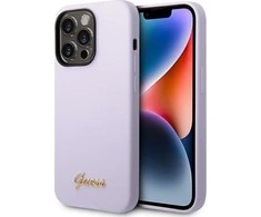Apple iPhone 14 Pro Guess Dėklas silikoninis Vintage Gold Logo violetinės spalvos