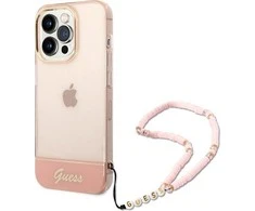 Apple iPhone 14 Pro Max Guess dėklas Translucent Pearl Strap rožinės spalvos