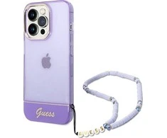 Apple iPhone 14 Pro Max Guess dėklas Translucent Pearl Strap violetinės spalvos
