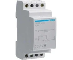 HAGER žiedinis transformatorius ST303, pirminis 230V, antrinis 8/12V, 8VA, 50-60Hz, 36mm pločio, DIN bėgeliui