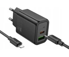 Telefono įkroviklis Hoco USB A + USB C QC3.0 PD 3A 20W + laidas USB C į USB C N61 juodas