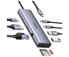 ŠAKOTAS UGREEN CM498 USB-C / 2xUSB-A, 2xUSB-C, HDMI, VGA, RJ45 1000Mbps, SD/TF, USB-C PD 100W pilkas