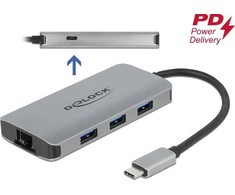 „DeLOCK“ USB 3.2 Gen 1 šakotuvas su 4 prievadais, gigabito LAN ir PD, laidinis, USB 3.2 Gen 1 (3.1 Gen 1) Type-C, 10, 100, 1000 Mbit/s, 10BASE-T, 100BASE-TX, 1000BASE-T, IEEE 802.1Q, IEEE 802.1ab, IEEE 802.3, IEEE 802.3az, IEEE 802.3u, IEEE 802.3x, pilkas