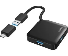 „Hama“ USB 3.0 šakotuvas, 4 USB-A prievadai su USB-C adapteriu, kompaktiškas dizainas