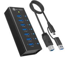 HUB USB Icy Box Box 7-Port USB 3.2 Gen 2 (10 Gpbs) Hub su 1x portem ładowania tabletu, w zestawie su adapteriu 12 V/3 A, całkowicie metalowy (Club Hub 618)